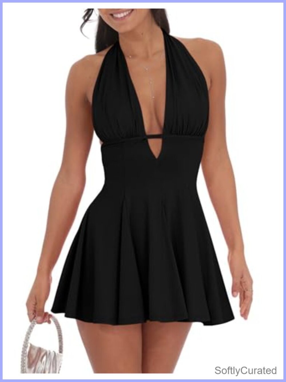 Women's Sleeveless Halter Tie Back Backless Deep V A-line Club Party Mini Dress
